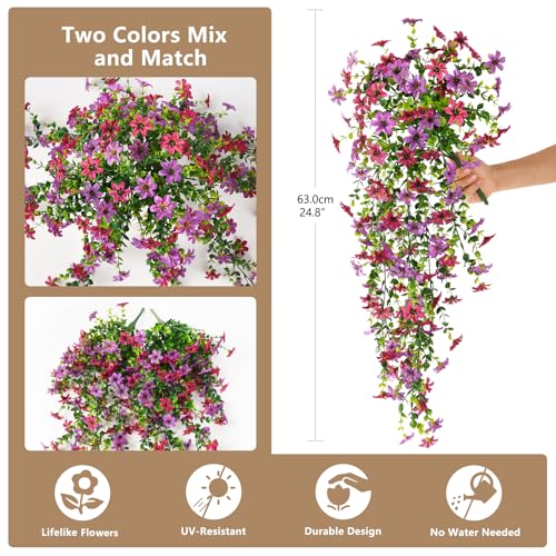 Artificial Hanging Flowers for Outdoors, 2 Pcs Fake Hanging Plant Spring Summer Decor, UV Resistant No Fade Realistic Faux Flower for Front Door Porch Planter Patio Garden Yard(Light Purple Red) - color: Light Purple Red