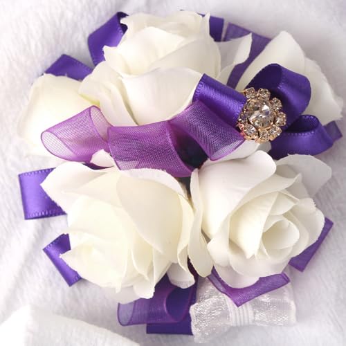 Wrist Corsage and Boutonniere Set Ivory Rose Corsage Wristlet for Homecoming Wedding Party Groom Bride Artificial Flower (Purple and Ivory) - color: Purple and Ivory