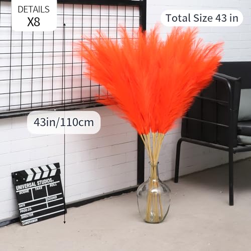 43" Orange Pampas Grass Tall - 8 PCS Faux Pampas Grass Decor Artificial Pompas Grass for Floor Vase Filler Wedding Boho Home Baby Shower Mothers Day Decoration - color: Orange