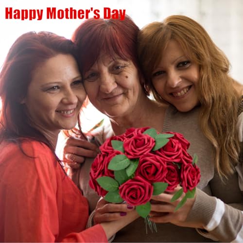 Cliselda 100Pcs Red Fake Roses Artificial Flowers with Stems, Valentine's Day Mothers, Real Touch Foam Rose Bulk Faux Flowers for Wedding Bouquets Centerpieces Flower Arrangement - color: Red