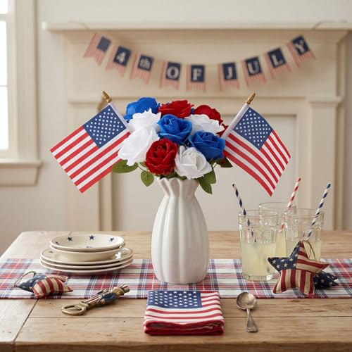 Tigeen 14 Pcs 4th of July Decor Red White Blue Artificial Flower Patriotic Decoration Artificial Rose with 2 Flag 250th Anniversary Table Centerpieces for Memorial Veterans Independence Day Home Decor - style: Roses