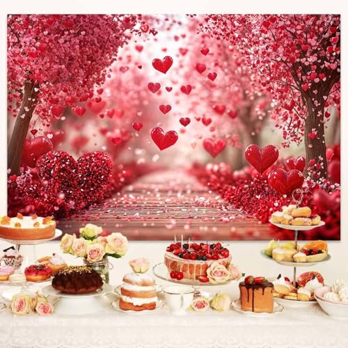 Valentine's Day Backdrop, Pink Red Hearts Petals Pathway Romantic Photography Background for Girls Women Birthday Weeding Bridal Shower Party Decorations Banner Photo Studio Props 5X3FT - color: Pink and Red, size: 5X3FT