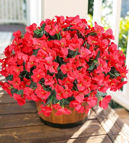 Bougainvillea Artificial Flowers for Outdoors Faux Plants Spring Summer Decor, 4 Bundles Red UV Resistant Fake Outdoor Flowers Silk Flowers for Outside Realistic for Planters Patio Porch Garden Home - color: Red