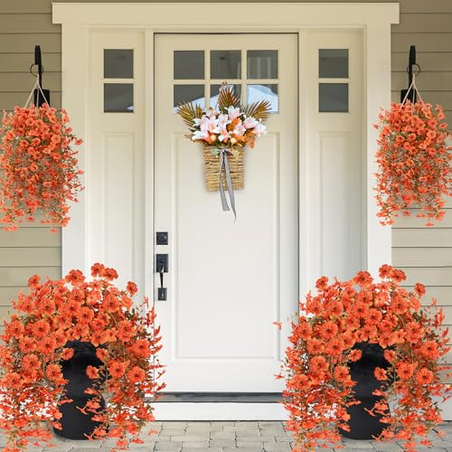 Artificial Fake Hanging Flowers Fall Plants for Outdoor Outside Autumn Decoration 2PCS Faux Silk UV Resistant Realistic with Eucalyptus for Home Thanksgiving Harvest Porch Patio Balcony(Fall Orange) - color: Fall Orange