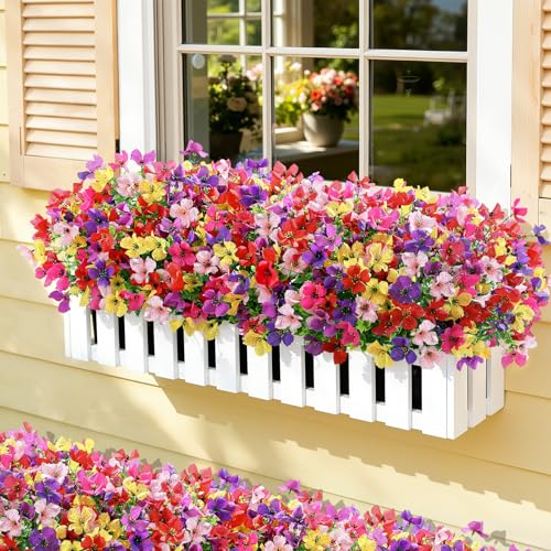 SHareconn 20 Bundles Artificial Flowers Outdoors Decoration, Fake Silk mums Eucalyptus Realistic UV Resistant Faux Plants for Outside Indoor Planter Porch Yard Home Spring Decor,6 Colors incl. Yellow - color: Redrosypurpledeeppurpleyellowpink