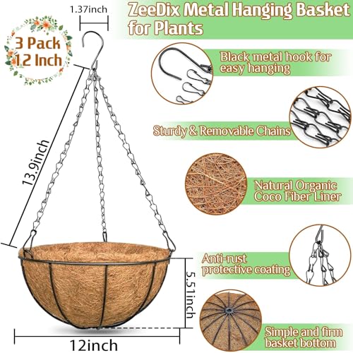 ZeeDix 3 Pack 12 Inch Outdoor Hanging Baskets, Metal Wire Hanging Planters with Coconut Liners, Round Hanging Baskets for Plants Flowers Ferns Home Garden Porch Balcony Railings Decor - color: 3 Pack, size: 12 Inch