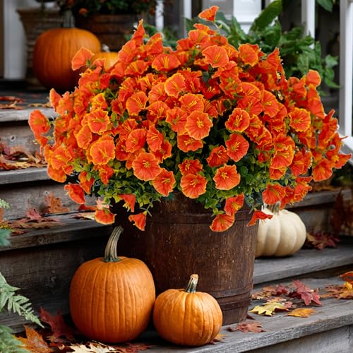 AXYLEX Artificial Fall Flowers Outdoor Fake Mums - 16 Bundles Fake Plants UV Resistant No Fade Faux Plastic Greenery Garden Morning Glory Home Decor (1, Orange) - color: Orange