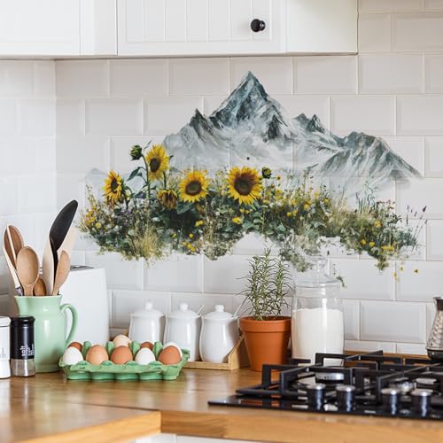 Mountain Wall Decals Summer Sunflowers Wall Stickers Peel and Stick Removable Vinyl Nature Wallpaper Art Sticker Decal for Kitchen Living Room Bedroom Bathroom Decorations - style: Mountain