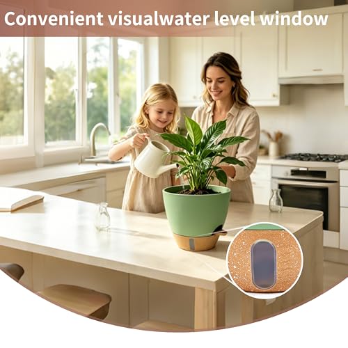 12"/10"/9"/8" Self Watering Pots with Visual Water Window,Extra Large Self Watering Plant Pots with Drainage Holes & Saucers,Green Planters for Indoor Plants,4-Pack - color: Green