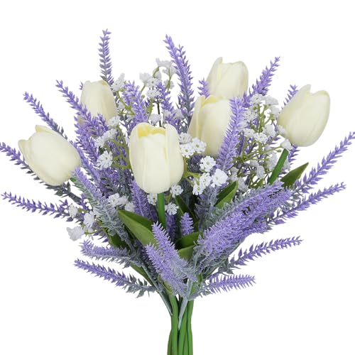9PCS Artificial Flowers Purple Fake Plastic Lavender with White Tulips Floral Arrangements Summer Flowers for Decoration Home Kitchen Table Centerpiece Wedding - color: Purple