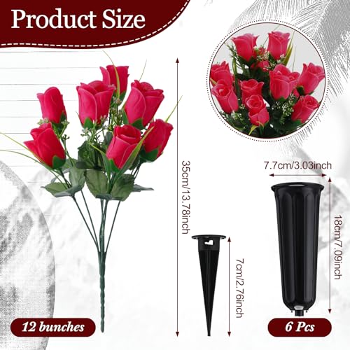 Tigeen 6 Sets Father's Day Cemetery Flowers with Grave Vase 12 Bunches Artificial Rose Memorial Bouquet 84 Heads Fake Silk Flower for Dad Gravesite Graveside Decor(Rose Red) - color: Rose Red