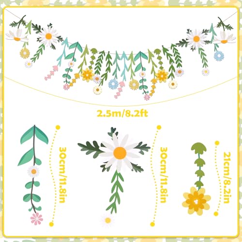 Daisy Flower Banner Wildflower Party Decorations Leaves Banner Paper Flower Garland Daisy Groovy for Wall Decoration Spring Baby Shower Wedding Backdrop Decorations - color: White, Yellow, Green, Pink