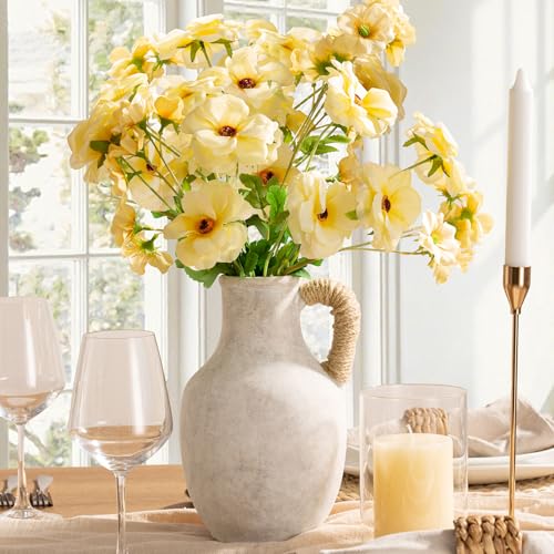 Ceramic Flower Vase Home Decor - Large White Rustic Table Flowers Vases Living Room Bedroom Plant Decorations Farmhouse Vintage for Kitchen Shelf Office Coffee Dining Desk House (10" with Jute Rope) - color: 03-with Hemp Rope-10"