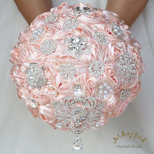 Bridal Wedding Bouquet Round Bling Brooch Bouquet Artificial Rose Flower Bunch for Bride Bridesmaid Wedding Quinceanera(Light Salmon Pink, 7.5") - color: Light Salmon Pink, size: Small (Dia. 7.5"/19cm)