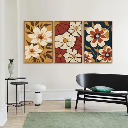 Rantodecor Large Vintage Floral Framed Canvas Wall Art Set, Mid Century Modern Wall Decor, Minimalist Retro Flowers Art Paintings, Beige Neutral Botanical for Bedroom Living Room Office 24"x36"x3 - color: Large Vintage Floral, size: 36"x24"