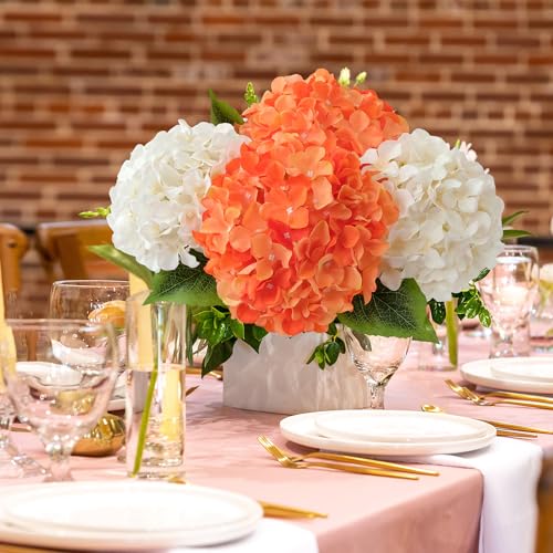 JINWOE 5Pcs 20Inch Orange Artificial Hydrangeas, Full Silk Flower Heads with Stem, Halloween Fake Hydrangea Flowers for Wedding Home Garden Centerpiece Floral Arrangements - color: Orange