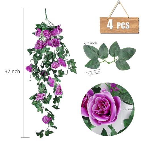 RECUTMS 2PCS Artificial Hanging Rose Flower Plants, 37 Inch Purple Fake Silk Floral Ivy Garlands for Outdoors Home Room Garden Front Porch Wedding Arch Bridal Shower Easter Indoor Party Greenery Decor - color: Purple, size: 4pcs