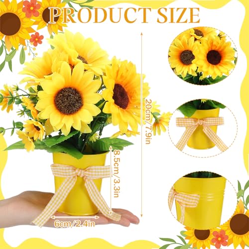 Suncalla 2 Pack Small Artificial Sunflower Plant in Pots Faux Flower Potted Plants Yellow Arrangement Rustic Home Decor 7.9" Tall for Farmhouse Table Centerpiece Windowsill Country Indoor Decor - color: Yellow, style: Sunflower