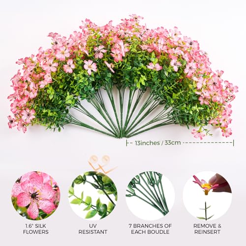 Artificial Flowers for Outdoors Patio Decoration 12 Bundles Fake Flower Cherry Blossom UV Resistant Faux Plants Yard Garden Porch Home Boxwood Planter Patio Mothers Day Decor, Deep Pink Flower - color: D Deep Pink Cherry Blossom 12pcs