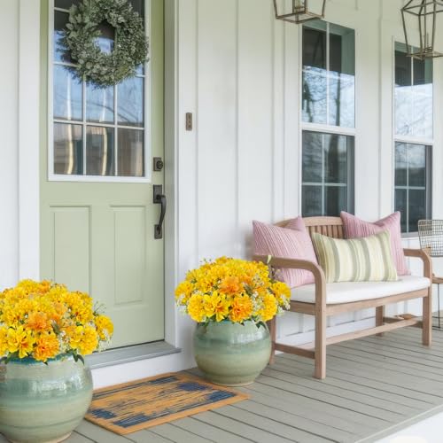 3 Pcs Silk Cemetery Flowers Artificial Geraniums for Outdoors UV Resistant Yellow Artificial Topiary Potted Faux Flowers for Planters Outdoor Hanging Front Porch Garden Patio Grave Decor - color: Yellow