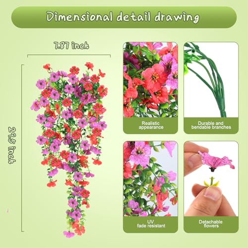Artificial Hanging Flowers for Outdoors, 6PCS Faux Silk Artificial Flowers for Outdoors, UV Resistant Fake Flowers, No Fade Trailing Greenery, Decor for Home Porch Patio Balcony Garden Yard - color: Red Purple