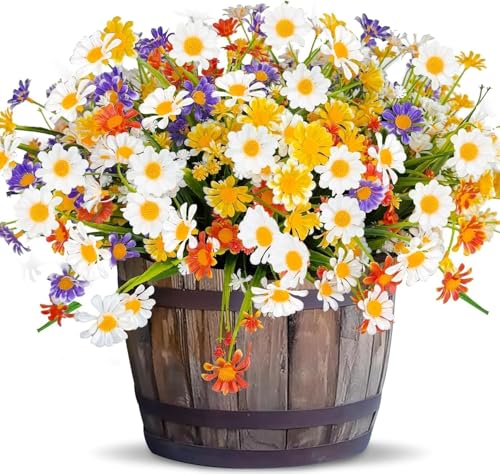 8 Bundles Artificial Daisy Flowers for Outdoors Summer Decor, UV Resistant No Fade Fake Cemetery Flowers Faux Plastic Greenery Plants for Home Garden Patio Porch Outdoor Memorial Day Decor(Colors) - color: Colors, size: 8 Bundles
