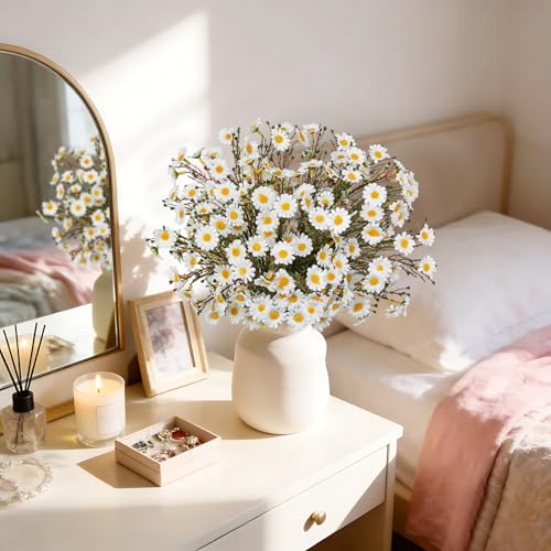 UV Resistant White Daisy Artificial Flowers Lush 4 Bouquets Silk Fake Daisies, 14" UV Protected Faux Daisy Flowers for Indoor & Outdoor Vase, Planter, Floral Arrangements, Centerpieces, Wedding Decor - color: White