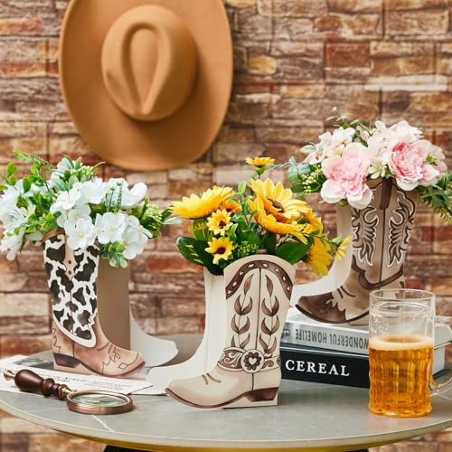 12 Set Western Boots Flower Boxes Centerpiece Boot Shape Gift Boxes Party Decoration Vase Centerpieces for Tables Boots Rodeo Birthday Baby Shower Supplies (Western,Cowboy Cow) - color: Cowboy Cow, style: Western