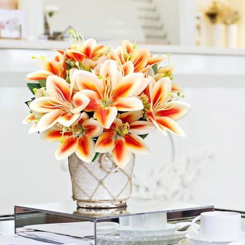 4 Bundles Artificial Tiger Lily Silk Flowers Faux Fake Lilies Plants for Wedding Bouquet Home Party Indoor Table Hotel Office Vases Floral Arrangements Outdoor Garden Decor (Orange) - color: Orange