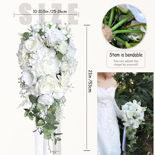 10 Inch White Rose Bouquets for Bride Spring Wedding Cascading Bridal Bouquet Ivory White Sage Green Artificial Silk Flower Winter Boho Rustic Ceremony Anniversary Decor Toss Bouquet - color: White Rose