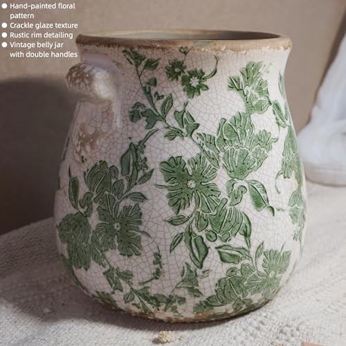 Vintage Green and White Ceramic Floral Vase Planter, Rustic Crackle Glaze Pottery Jar, Hand-Painted Floral Pot Design for Flowers or Plants, Farmhouse & Cottage Home Decor Accent - size: Large - Belly Jar without Drainage Hole