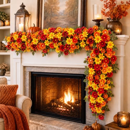 6 ft Fall Artificial Flower Garland for Mantle Autumn Fake Orange Wildflower Floral Sunflower Garland Hanging Vines for Thanksgiving Wedding Arch Table Ceremony Home Party - style: Flower