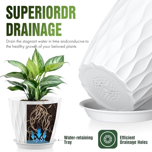 8 Inch Wave Plant Pots with Drainage Holes & Saucers, 4 Pack Modern Textured Medium Planters for Indoor Outdoor Plants, Decorative Flower Pots Repotting Set for Flowers, Herbs (White) - color: White