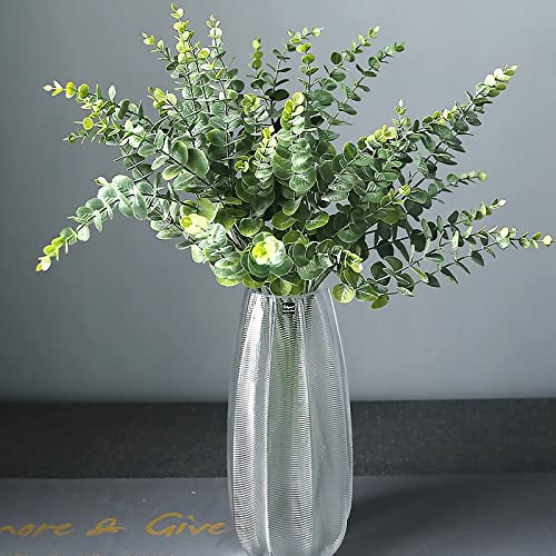 ABAJI 24 PCS Eucalyptus Stems Plastic Vivid Leaf Decorations Artificial Leaves Fake Faux Greenery Plant for Home Office House Table Desk Decor Wedding or Party Vase Forever Live - color: White