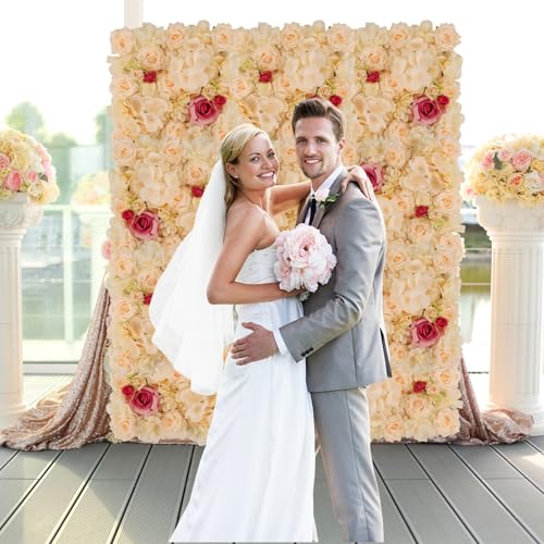 3D Flower Wall Backdrop - 12Pcs 15×15 Inch Artificial Rose Panels Champagne & Red Silk Floral Decor for Home Party Wedding Anniversary Birthday Photographic Studio Background & Decorative Fences - color: Champagne and Red, size: 12PCS-15x15
