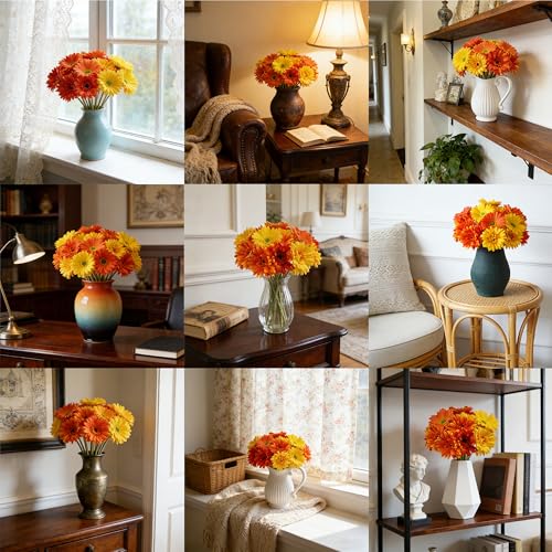 16Pcs Artificial Flowers Colorful Gerbera Daisies Bouquets with Vibrant Color Daisy Lifelike Flowers Arrangements for Home Wedding Table Center Decor,Cemetery Grave Decor(Orange+Yellow+Red) - color: Orange
