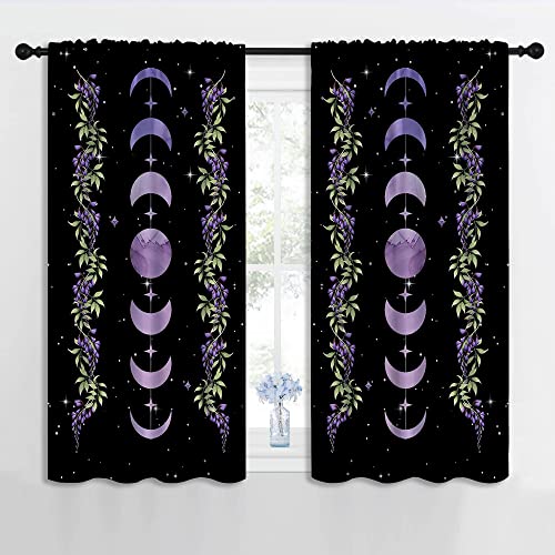 Purple Boho Floral Flower Rod Pocket Blackout Curtains for Boy Girl Bedroom,Moon Phase Moonlit Garden Witchy Gothic Aesthetic Thermal Insulated Home Window Drapes for Living Room Darkening,42x45 inch - color: Purple Boho Floral Flower-007, size: 42"W x 45