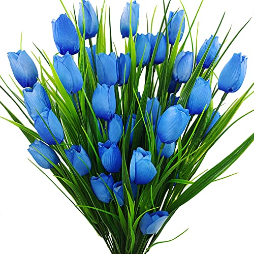 8 Bundles Outdoor Artificial Tulips Fake Flowers UV Resistant Faux Plastic Greenery Shrubs Plants for Home Outside Garden Porch Window Farmhouse Decor (Blue) - color: Blue