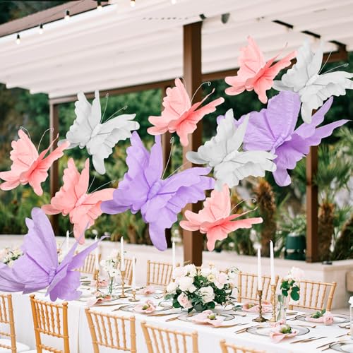 3 Pcs 3D Large Hanging Butterfly Decorations Large Butterfly Birthday Party Decorations 3D Crepe Paper Decoration for Wedding Party Birthday Baby Shower Garden(Purple, Pink, White,7inch,11inch) - color: Purple, Pink, White, size: 7Inch，11inch