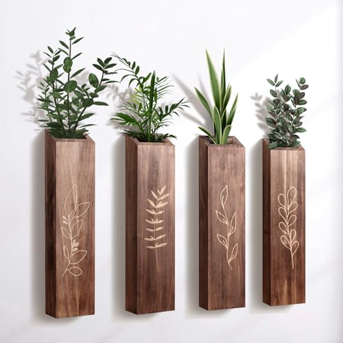 4 Pack Wood Indoor Wall Planter, Modern Boho Wall Decor for Living Room Bedroom, Farmhouse Pocket Vases for Dried Flowers and Faux Greenery Plants - Brown - color: Brown