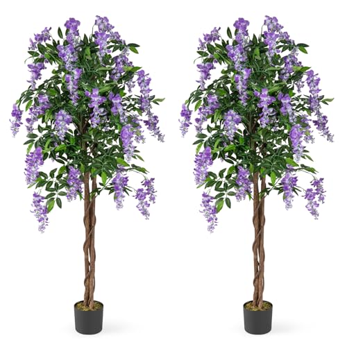 Goplus 5.5FT Ficus Artificial Tree, 2 Pack Faux Wisteria Tree in Nursery Pot with Blooming Flowers, Fake Potted Tree Greenery Floor Plant for Indoor Home Office Porch Living Room Decor - color: Purple, size: 5.5ft×2