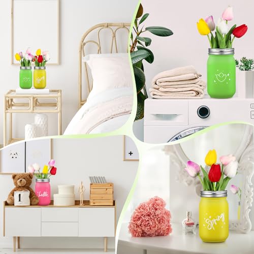 Hotop 15 Pcs Spring Decorations Tulips with 3 Mason Jar Table Centerpiece Multicolor Artificial Tulip Flowers Mason Jar Decoration Potted Tulips Flower for Office Wedding Party Floral Decorations