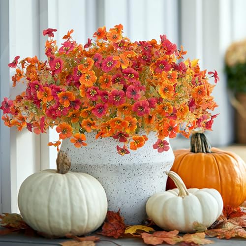 12Pcs Artificial Fall Flowers Mums for Outdoors, Fake Faux Plants Silk Colorful Flowers Eucalyptus Realistic UV Resistant for Outside Home Planter Porch Patio Yard Decor (12, Fall Orange 2 Colors) - color: Fall Orange 2 Colors