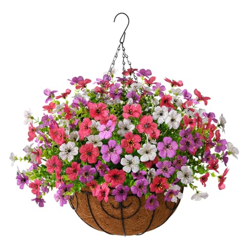 Artificial Faux Hanging Plants Flowers Basket for Outdoor Spring Summer Decoration,Fake Silk Daisy in Planter Realistic UV Resistant for Outside Home Porch Patio Balcony Yard(Purple White Rose) - color: Purple White Rose