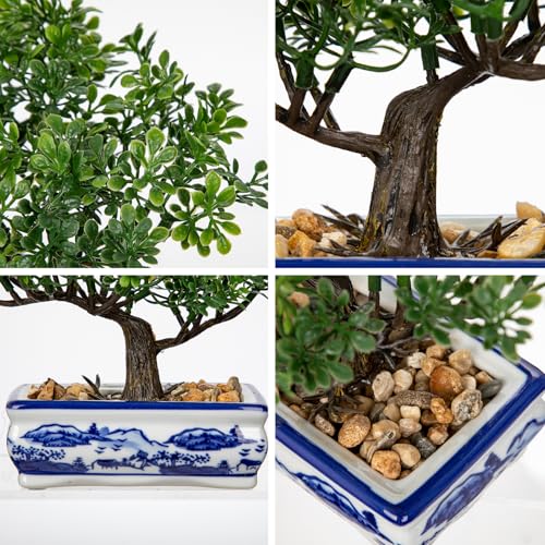 Artificial Bonsai Tree with Blue and White Porcelain Pot, Fake Bonsai for Home Office Desk Decor, Oriental Zen Tabletop Decoration, Faux Bonsai Plant for Living Room, Shelf & Gift - style: 5" BW porcelain