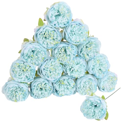 16pcs Peony Artificial Flowers Blue Fake Peonies Bulks Silk Peonies Flowers Faux Peony Flowers Heads with Stems for Home DIY Wedding Party Festival Baby Shower Decorations (Blue) - color: Blue