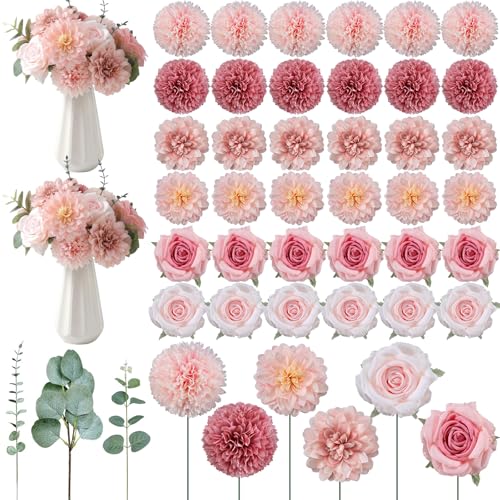 Suncalla 98 Pcs Artificial Flowers Bouquet Assorted Faux Flowers Heads with Stem Eucalyptus Leaves Silk Floral Table Centerpiece for DIY Wedding Party Wreath Home Decor(Pink Color) - color: Pink Color