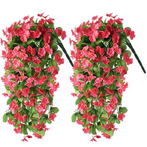 ZFProcess Artificial Fake Hanging Flowers Plants for Outdoor Spring Summer Decoration, 2PCS Faux Silk Violet UV Resistant Look Real Trailing Vines for Outside Home Planter Porch Patio(Rose red) - color: Rose Red