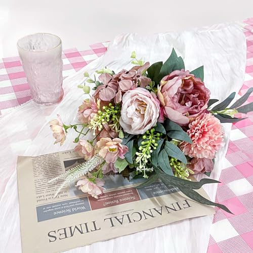 Daily Treasures Fake Artificial Flowers Bouquet for Decoration, Silk Fake Flower Arrangements Wedding Bouquets, Hydrangeas, Peonies and Allium Flowers for Home Kitchen Garden Wedding Party(Pink)