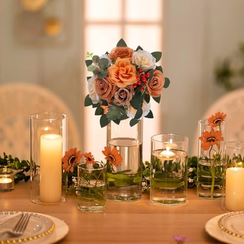 BLOSMON Terracotta Flowers for Wedding Centerpieces: 10 Pcs Artificial Rose Flower Balls Table Decorations - Fall Fake Silk Kissing Floral Arrangements for Home Party Event DIY Decor - color: Terracotta